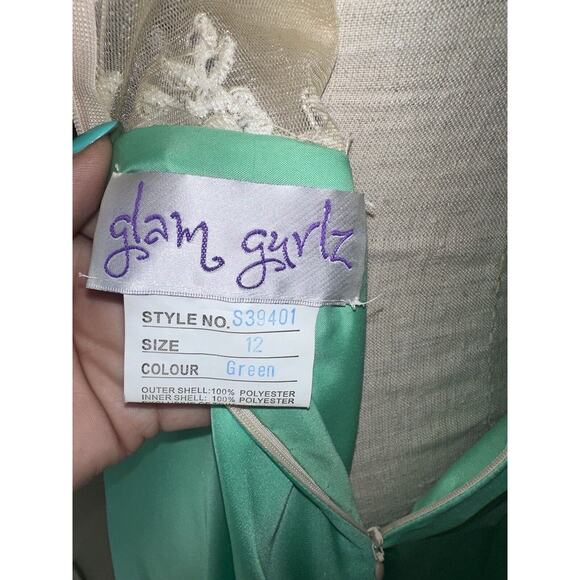 Glam Gurlz Green Prom Formal Dress Ballgown Hand Beaded Lace Rhinestone Sz 12 - Picture 14 of 16